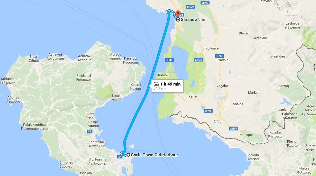 Google Map showing Corfu-Albania ferry route