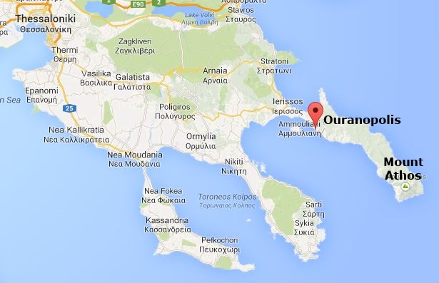 Google map showing location of Mount Athos in Greece