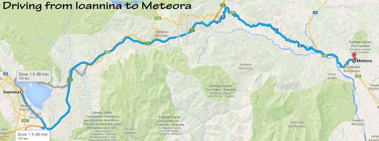 Map of drive from Ioannina to Meteora
