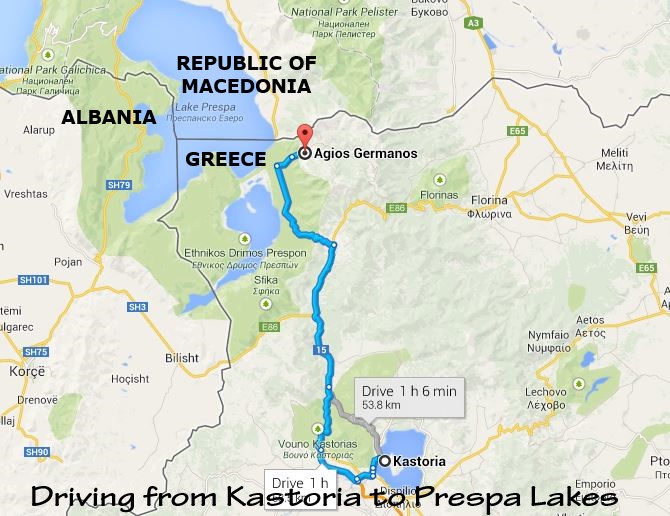 Map of drive from Kastoria to the Prespa Lakes