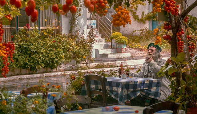 Painting of man drinking beer in an Athens taverna